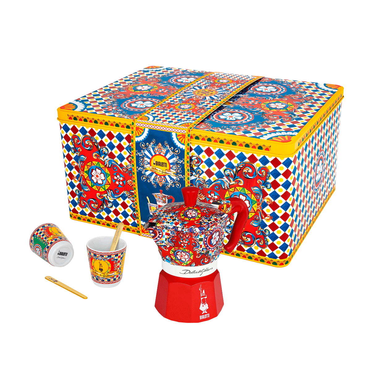 Bialetti Dolce & Gabbana Box Set Moka Express Carretto Siciliano za 2 šoljice, 2 porcelanske šoljice i 2 zlatne kašičice.