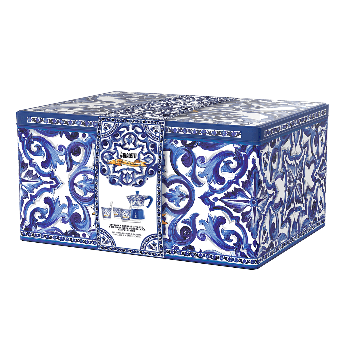 Bialetti Dolce & Gabbana Box Moka Express Blu Mediterraneo za 6 šalica + 3 porculanske šalice i 3 srebrna miješalića