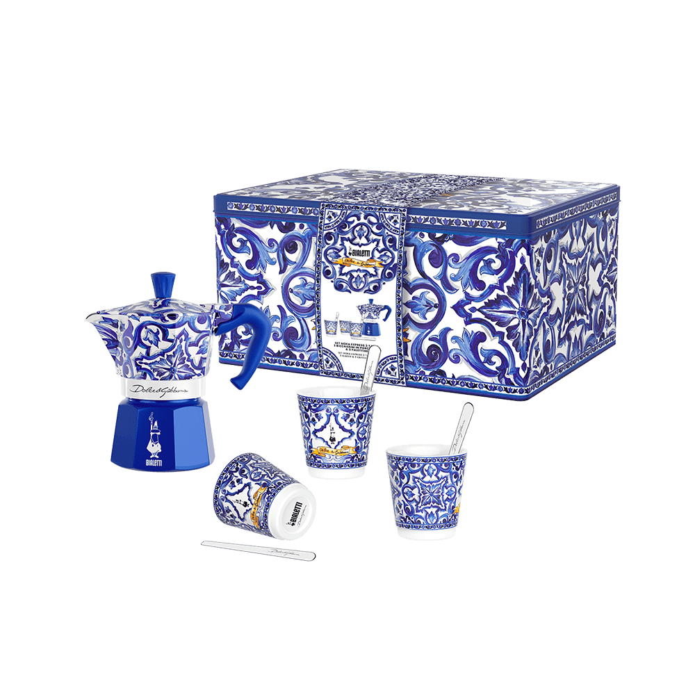 Bialetti Dolce & Gabbana Box Moka Express Blu Mediterraneo za 3 šolj., 3 porcelanske šoljice i 3 srebrna mešača