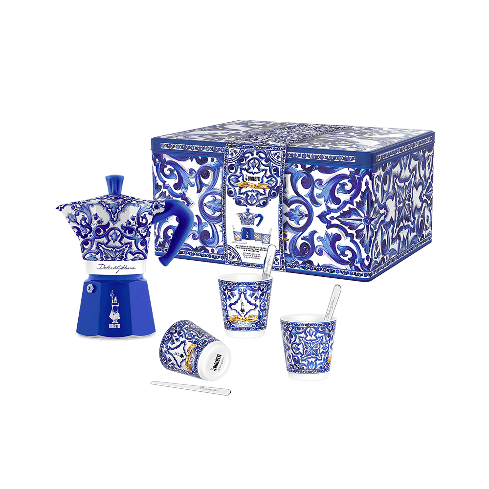 Bialetti Dolce & Gabbana Box Moka Express Blu Mediterraneo za 6 šolj., 3 porcelanske šoljice i 3 srebrna mešača